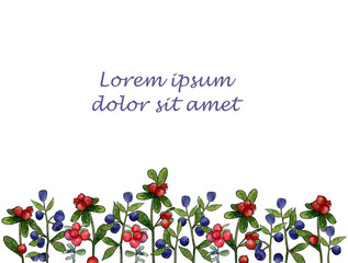 Watercolor border with lingonberry and blueberry