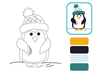 Cute little penguin. Coloring by example. Educational illustration for the development of kids. Coloring book for children. Image isolated on white background.