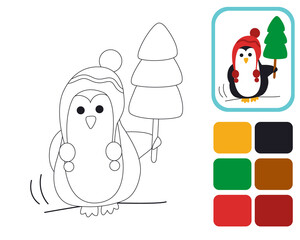 Cute little penguin. Coloring by example. Educational illustration for the development of kids. Coloring book for children. Image isolated on white background.