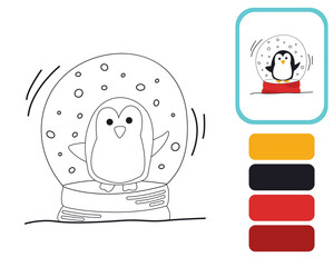 Cute little penguin. Coloring by example. Educational illustration for the development of kids. Coloring book for children. Image isolated on white background.