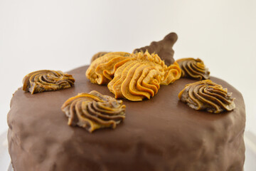 Confectionery coated with chocolate and decorated with cream. Chocolate cake.