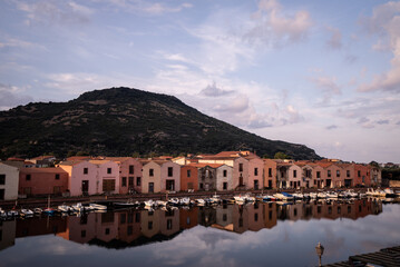 Beautiful view of the river onto houses in the town of Bosa on the island of Sardinia, Italy