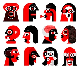 Gordijnen Rode en zwarte kleuren geïsoleerd op een witte achtergrond Twaalf portretten van verschillende mensen vector illustratie. Set van platte ontwerp vector avatars. ©  danjazzia