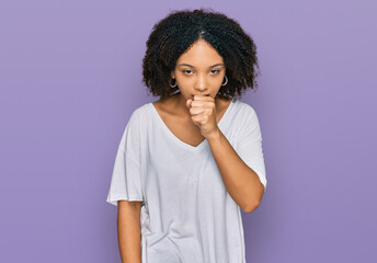 Fototapeta na wymiar Young african american girl wearing casual clothes feeling unwell and coughing as symptom for cold or bronchitis. health care concept.