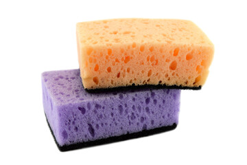 Two colored washcloths for washing dishes on a white background.