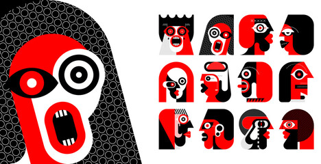 Couleurs rouges et noires isolées sur fond blanc Douze portraits de personnes différentes illustration vectorielle. Ensemble d& 39 avatars vectoriels design plat.