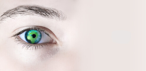 Close up of a female beauty woman eyes ophthalmologist or iris with European and African continent...