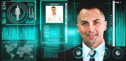 Facial recognition technology scan and detect people face for identification . Future concept interface showing digital biometric security system that analyze human face to verify personal data .