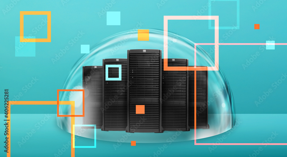 Poster group of server protected by a glass sphere. concept of internet security. cyan background