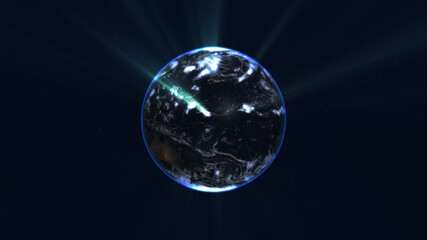 earth globe with glowing details and light rays. 3d illustration.