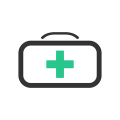 Fototapeta premium First aid kit icon. First aid case vector icon in flat style. First aid bag icon with green cross. Vector illustration. Simple icon. Medical equipment.