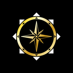 Geographic scientific compass vector icon. Compass wind rose icon in flat style. Compass vector icon in gold color. Gold compas on black background. Vector illustration. Icon isolated. © Andrii