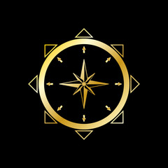 Geographic scientific compass vector icon. Compass wind rose icon in flat style. Compass vector icon in gold color. Gold compas on black background. Vector illustration. Icon isolated. © Andrii