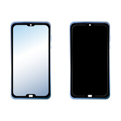 Smartphone vector icon. Icons of two smartphones with blue and black screens. Touchscreen phone icon in flat style. Vector illustration. Icons isolated.