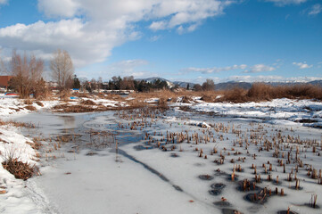 Along the shore of the lake in winter. Plants and reeds covered with snow, boats overturned by the water.