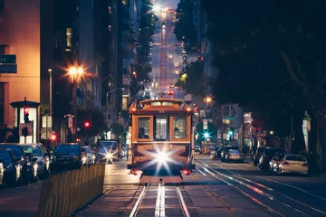 Deurstickers San Francisco Cable Car Trolley Tram on California Street at Night © heyengel