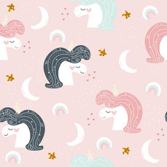 Seamless pattern with cute unicorn, stars and moon. Childish pastel print. Vector hand drawn illustration.