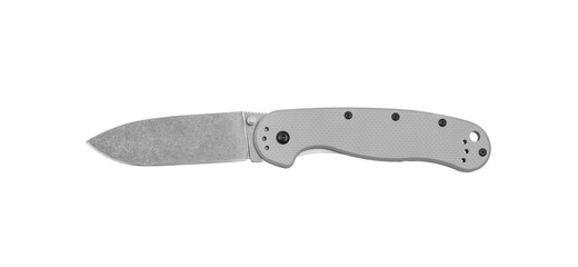 Pocket folding knife isolate on white back. Compact metal sharp knife with a folding blade.
