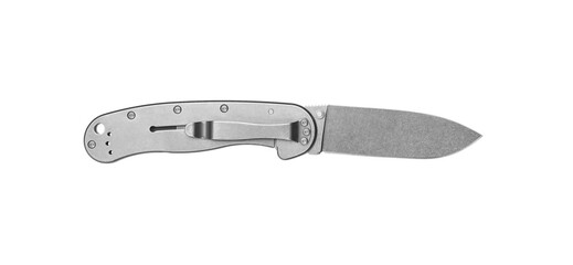 Pocket folding knife isolate on white back. Compact metal sharp knife with a folding blade.