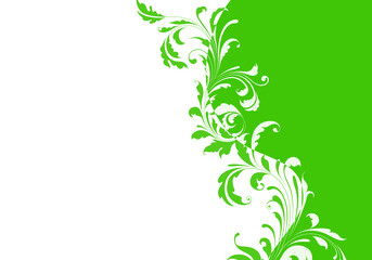 Elegant green and white background with swirls and little leaves and space for your text. Spring illustration.