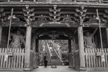 Grayscale shot of a person entering a temple in Miyajima, Japan