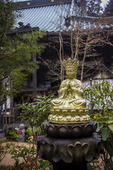 Vertical shot of a golden goddess sculpture in Miyajima, Japan