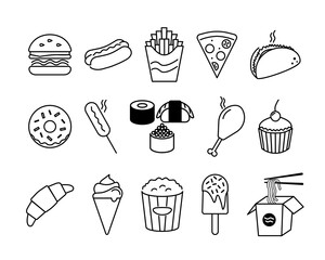 Fast food icon set. Pictograms for web. Line stroke. Isolated on white background. Vector eps10