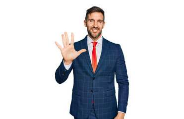 Handsome man with beard wearing business suit and tie showing and pointing up with fingers number five while smiling confident and happy.