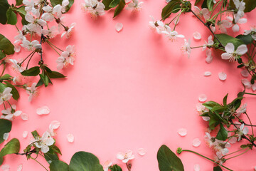 postcard layout. springtime. blossoming cherry branch and space for text. congratulation. invitation