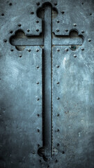 Detail of a cross on the old metal door of a church. Cool tones