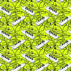 cords, sockets and wires, seamless technological pattern in pop art style.