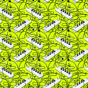 Cords, Sockets And Wires, Seamless Technological Pattern In Pop Art Style.