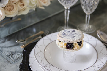 French macarons with blackberry and vanilla creme filling