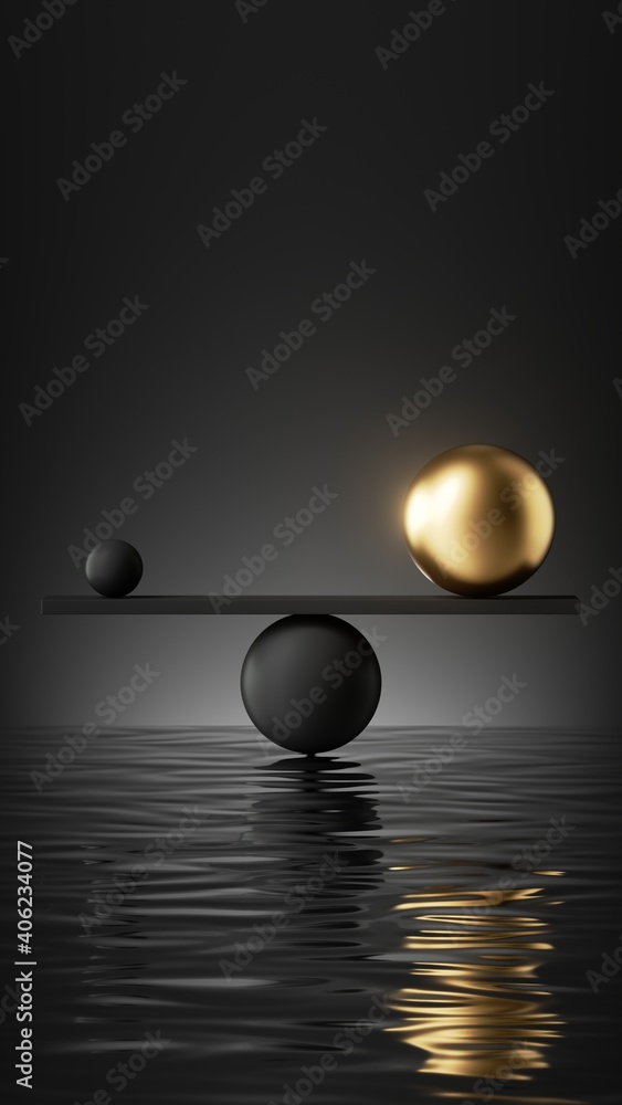Poster 3d render, black balls placed on scales with reflection in the water, isolated on black background. 
