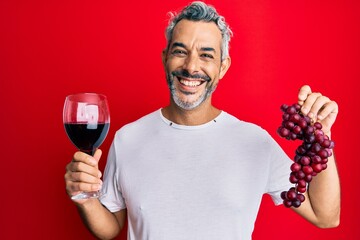 Middle age grey-haired man holding branch of fresh grapes and red wine smiling with a happy and cool smile on face. showing teeth.