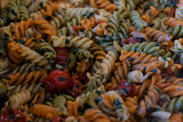 Colored noodles sauteed with vegetables
