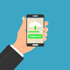 Hand holding smartphone with file download button on the screen. Vector illustration.