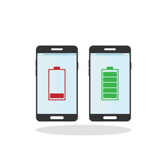 Mobile phone with low and full battery. Vector illustration.