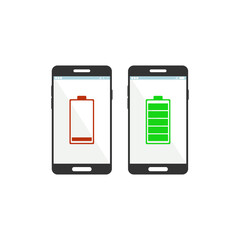 Mobile phone with low and full battery. Vector illustration.