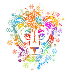 A multicolored lioness. The face of the lion is a rainbow abstract. Vector illustration