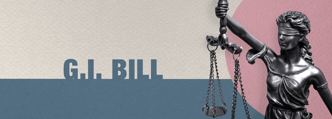 G.I. Bill. Close-up of a Lady Justice statue. Law and lawyer symbol. Figure stands in front of...