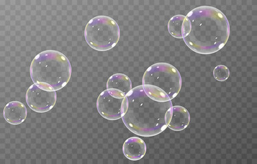 Vector soap bubble. Realistic soap bubble png, glare. Foam bubbles png. Powder, soap, detergent. Vector image.