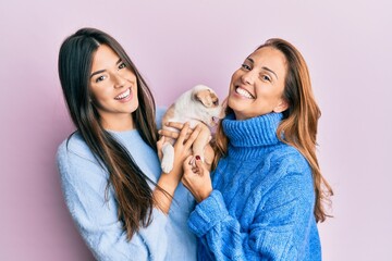 Beautiful hispanic mother and daughter smiling happy hugging little dog over isolated pink background.