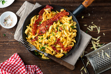 Spaetzle with bacon and onion, German cuisine