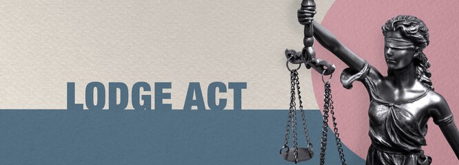 Lodge Act. Close-up of a Lady Justice statue. Law and lawyer symbol. Figure stands in front of...