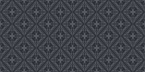 Ornate gray background pattern on black background. Seamless wallpaper texture