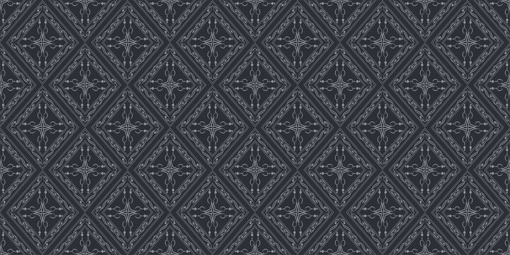 Ornate gray background pattern on black background. Seamless wallpaper texture