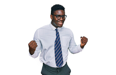 Handsome business black man wearing white shirt and tie screaming proud, celebrating victory and success very excited with raised arms