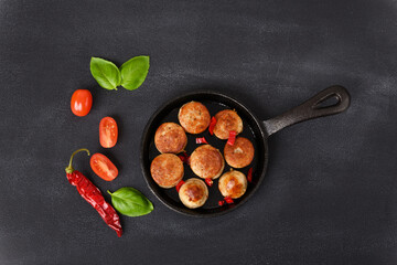 Cut roasted sausages with red pepper in a pan. Top view.