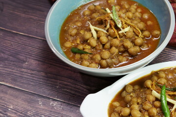 Top down view of a bowl of spicy and tangy Amritsari Chole